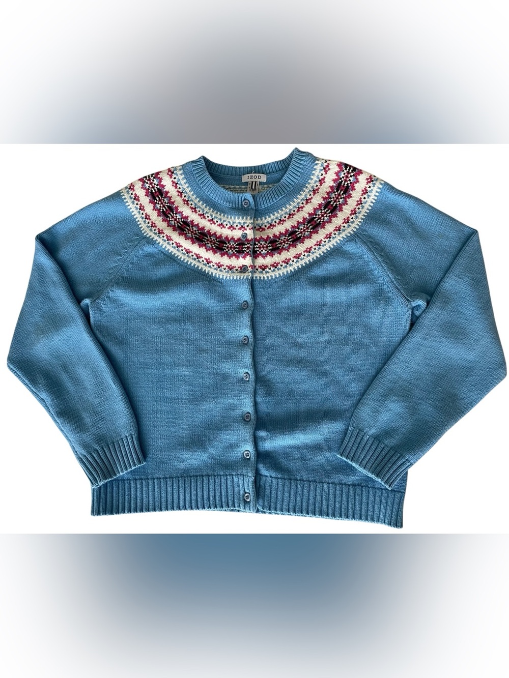 Vintage Blue IZOD Fair Isle Yoke Preppy Coastal Grandmother Cardigan Sweater L